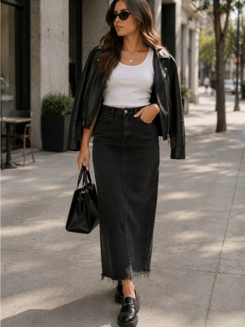 Sleek Black Denim Maxi Skirt with Raw-Hem